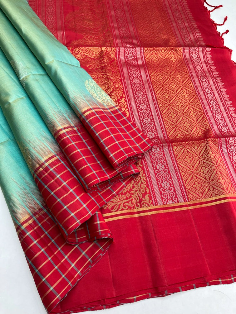 Turquoise & Red - Soft Silk Saree