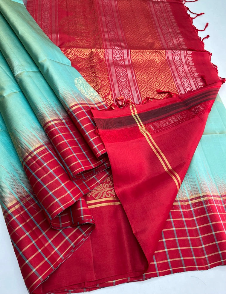 Turquoise & Red - Soft Silk Saree