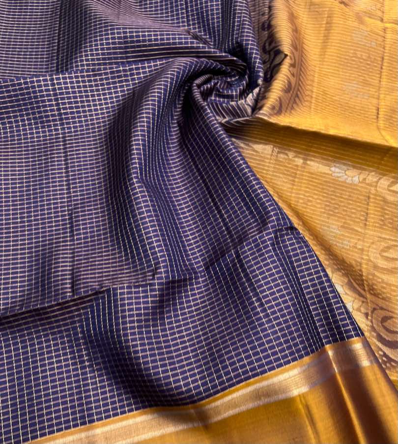 Beautiful Handloom Soft Silk Checked Design saree in Navy Blue with Olive Yellow color