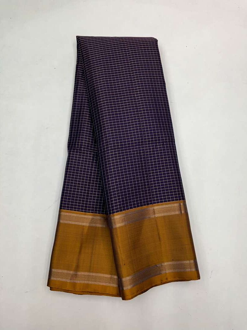 Beautiful Handloom Soft Silk Checked Design saree in Navy Blue with Olive Yellow color