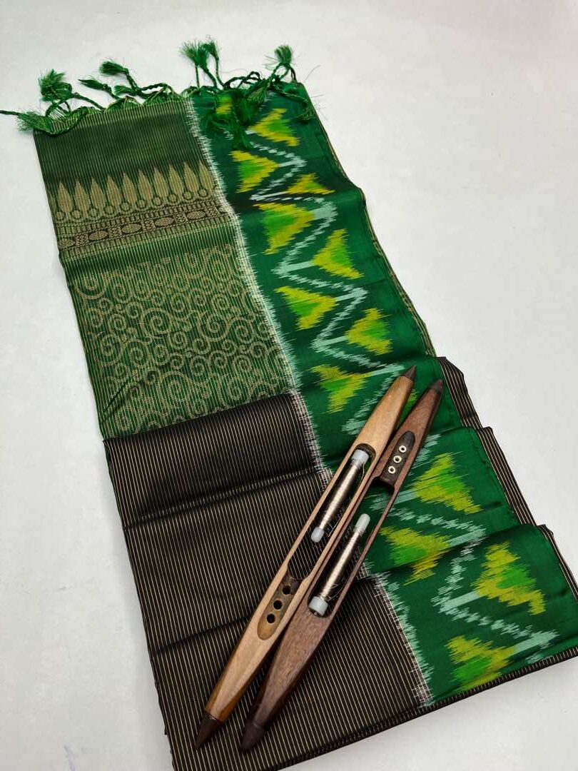 Beautiful Handloom Soft Silk Stripes saree in Black with Green