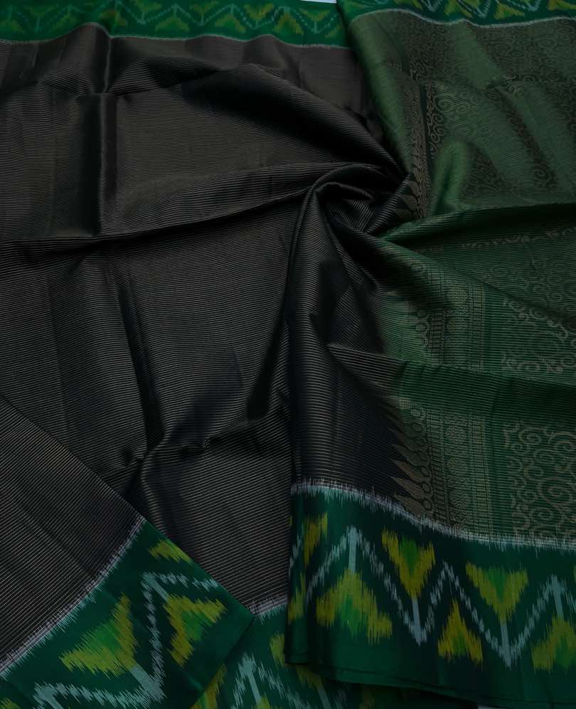 Beautiful Handloom Soft Silk Stripes saree in Black with Green