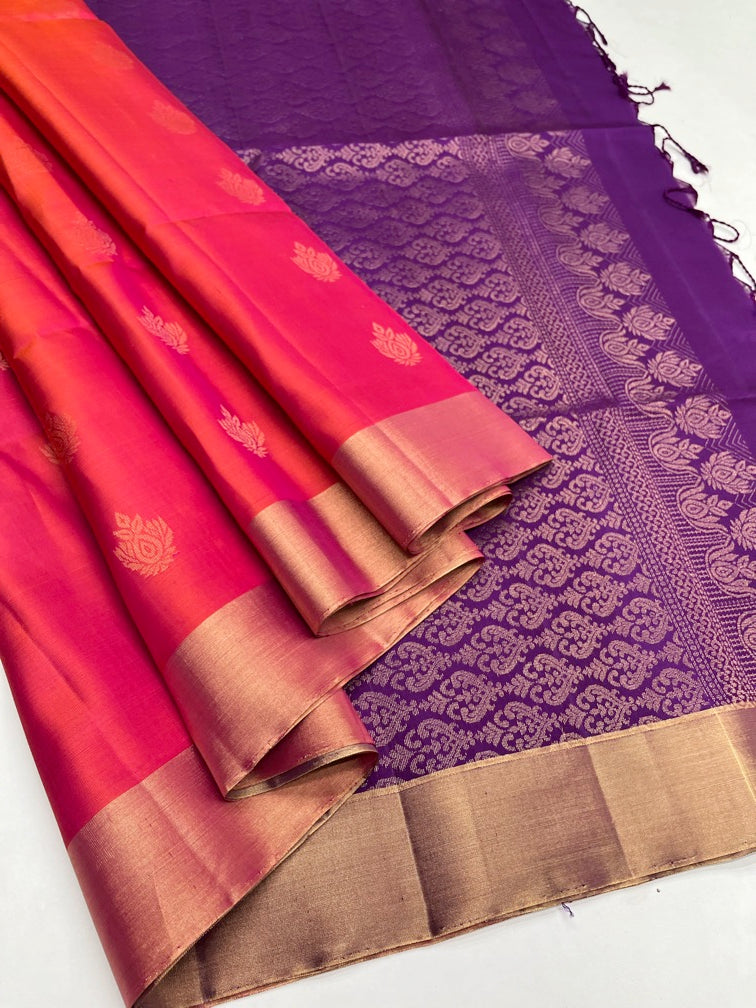 Orangish Pink & Purple Soft Silk Sari