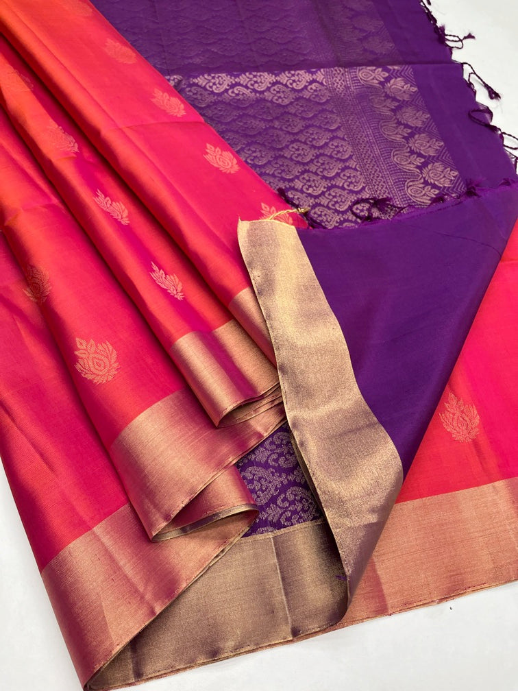 Orangish Pink & Purple Soft Silk Sari