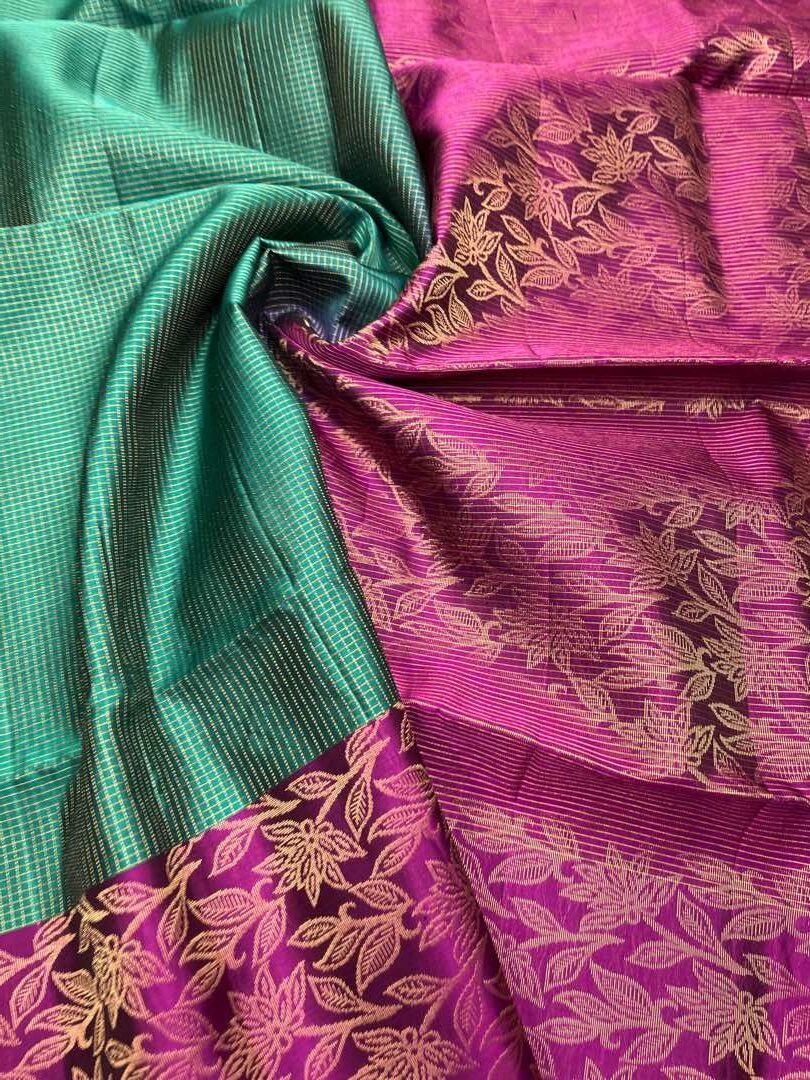 Beautiful Handloom Soft Silk Checked saree in Teal Green with Magenta Pink