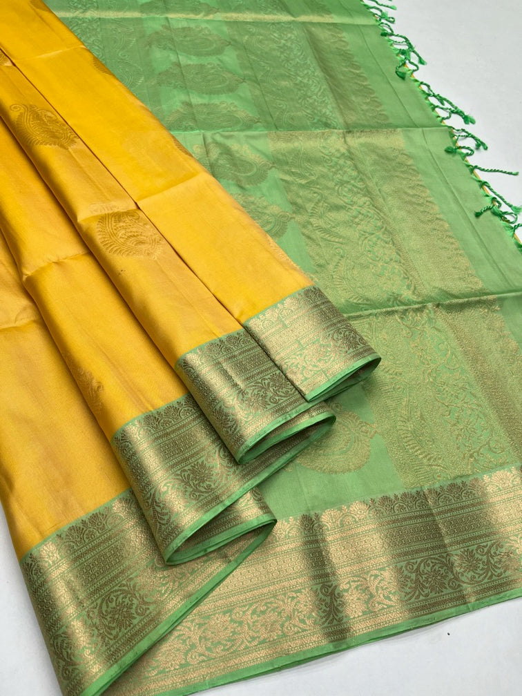 Mango Yellow & Pastel Green - Soft Silk Saree