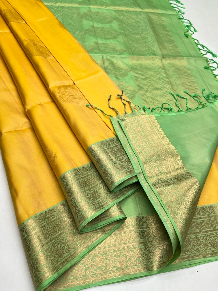 Mango Yellow & Pastel Green - Soft Silk Saree