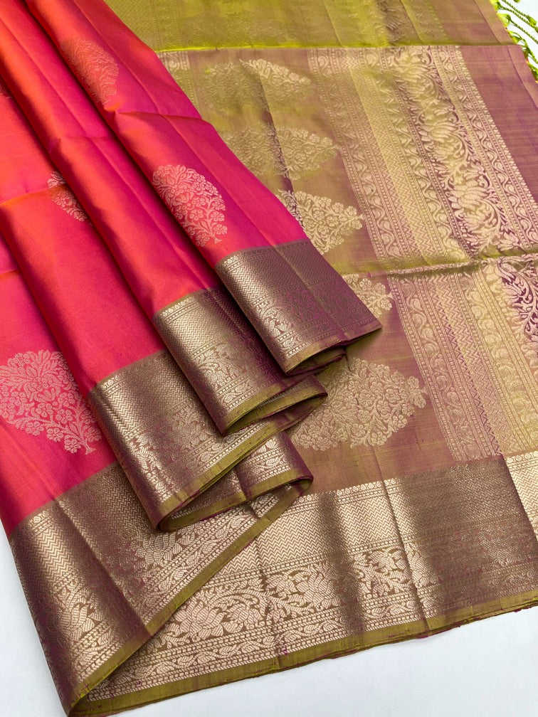 Orangish Pink with Leaf Green Soft Silk Sari