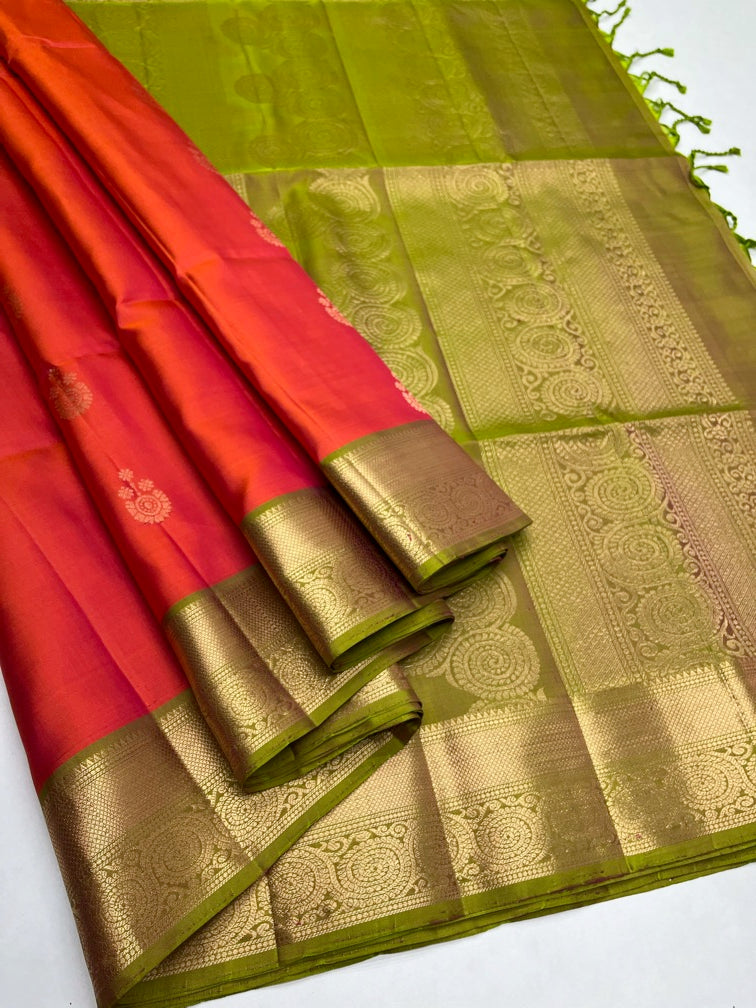 Orange & Green Soft Silk Sari