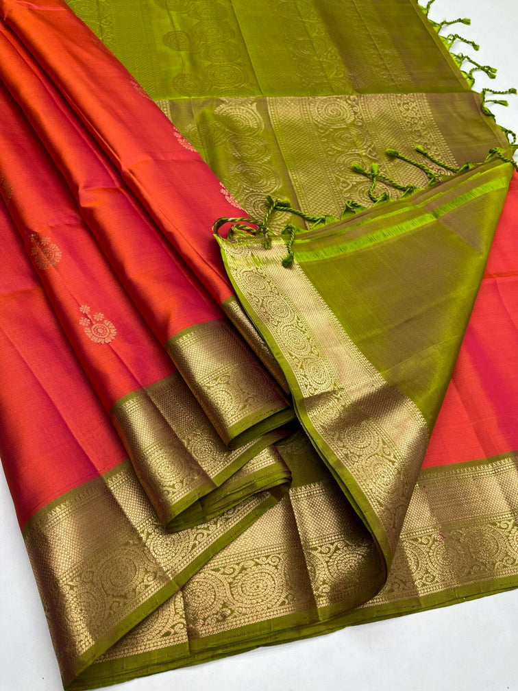 Orange & Green Soft Silk Sari