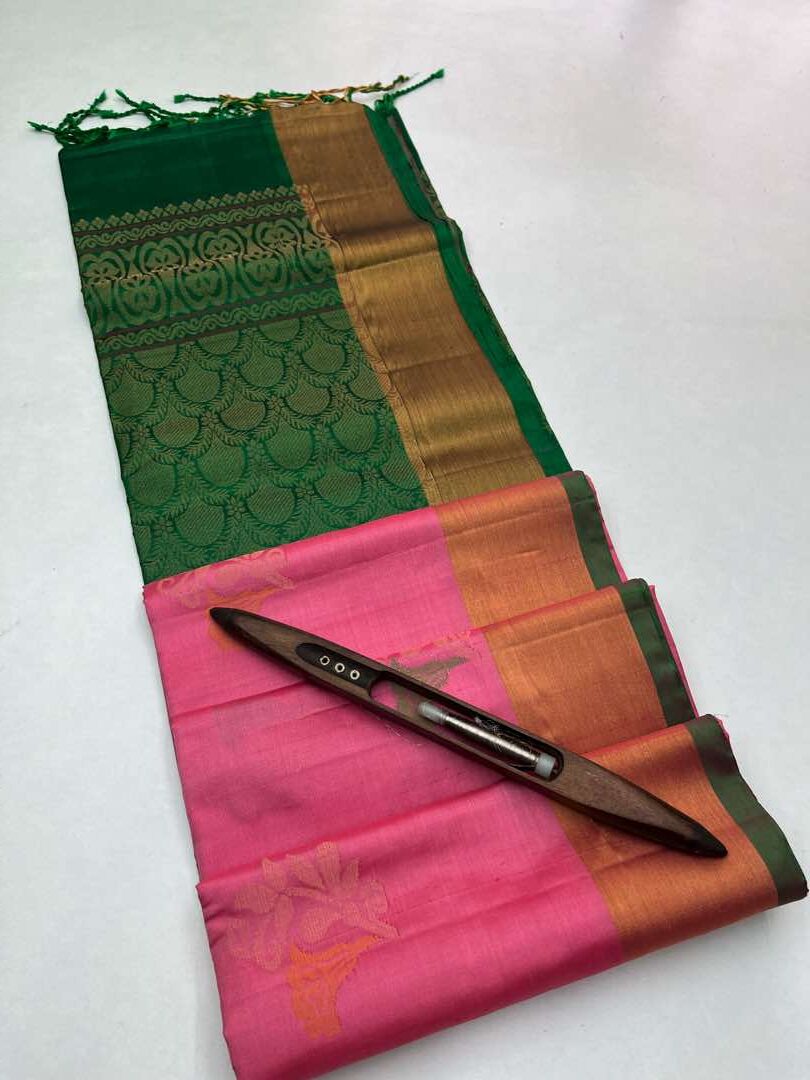 Beautiful Handloom Soft Silk Bhutta saree in Baby Pink with Green