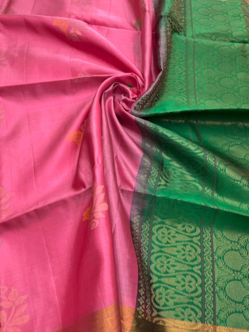 Beautiful Handloom Soft Silk Bhutta saree in Baby Pink with Green