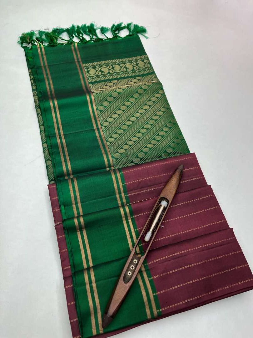 Beautiful Handloom Soft Silk Bhutta saree in Jamun color with Green