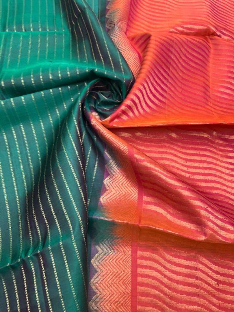 Beautiful Handloom Soft Silk Bhutta saree in Green with Orangish Pink