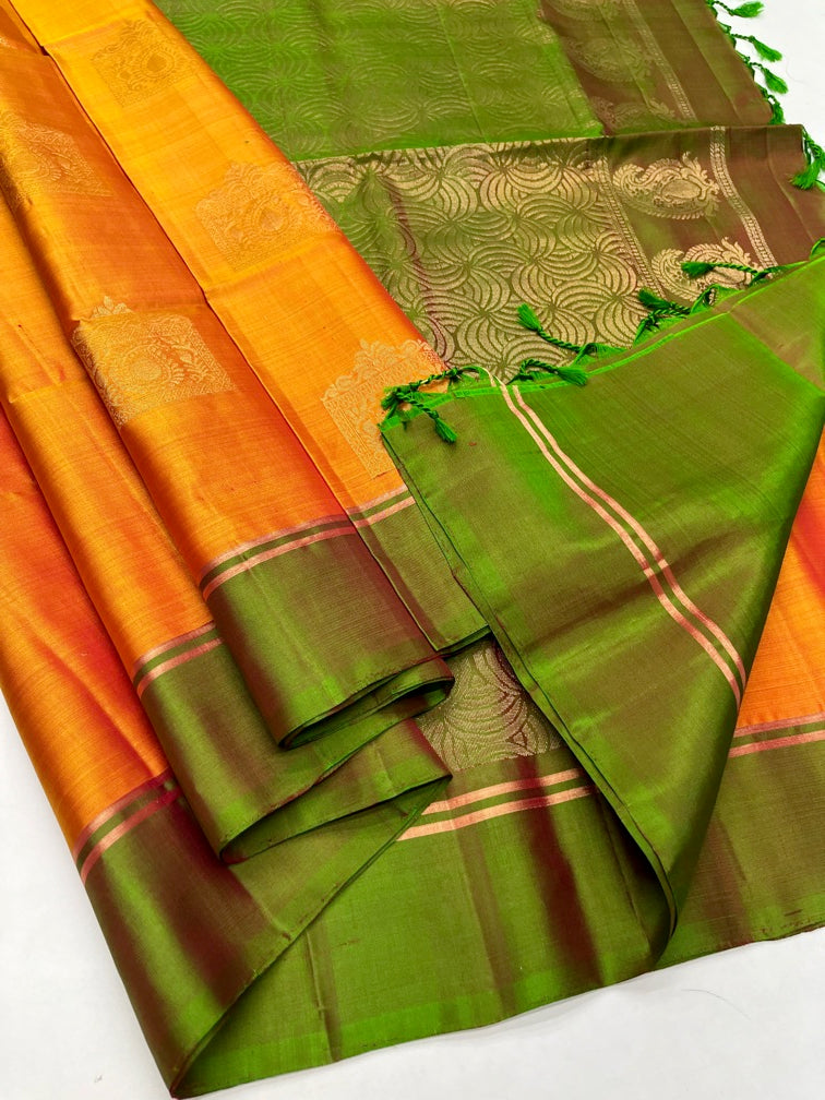 Orange & Green - Soft Silk Saree