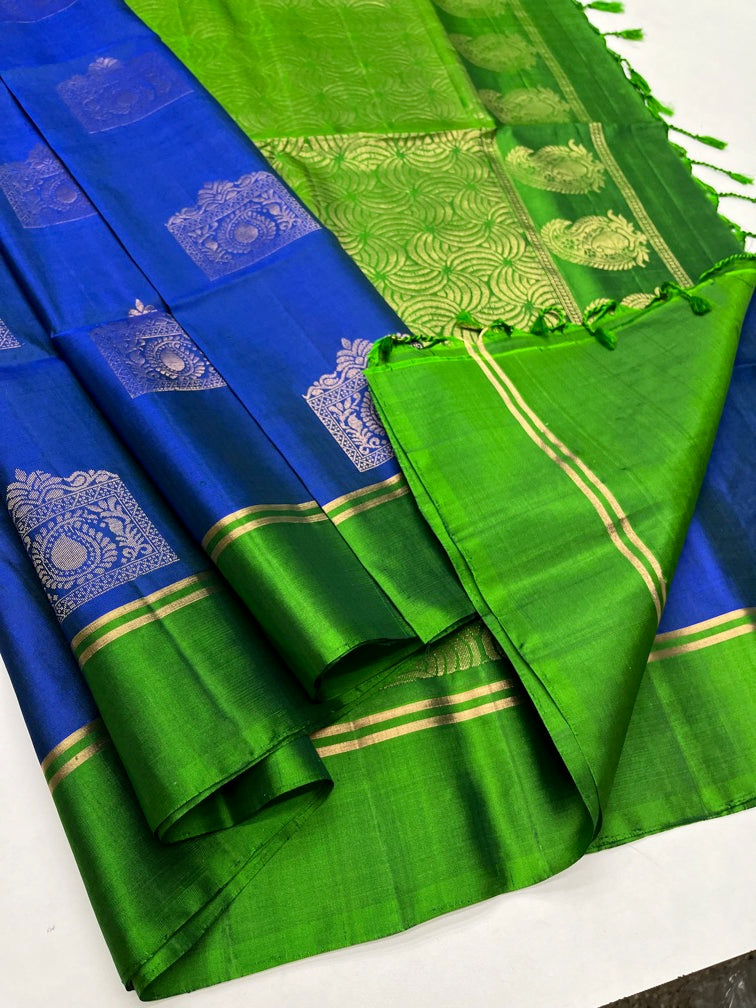 Royal Blue & Green - Soft Silk Saree