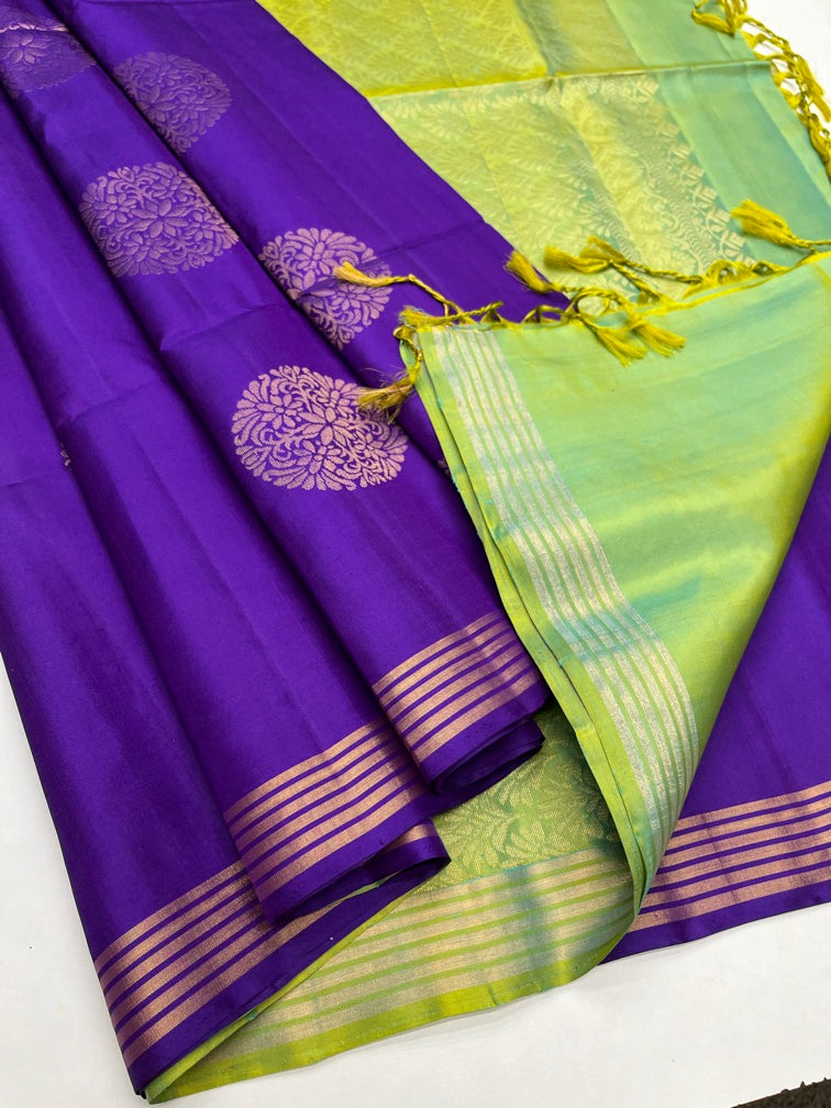 Purple & Light Green - Soft Silk Saree