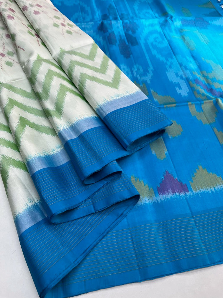 White & Blue - Pochampally Soft Silk Saree