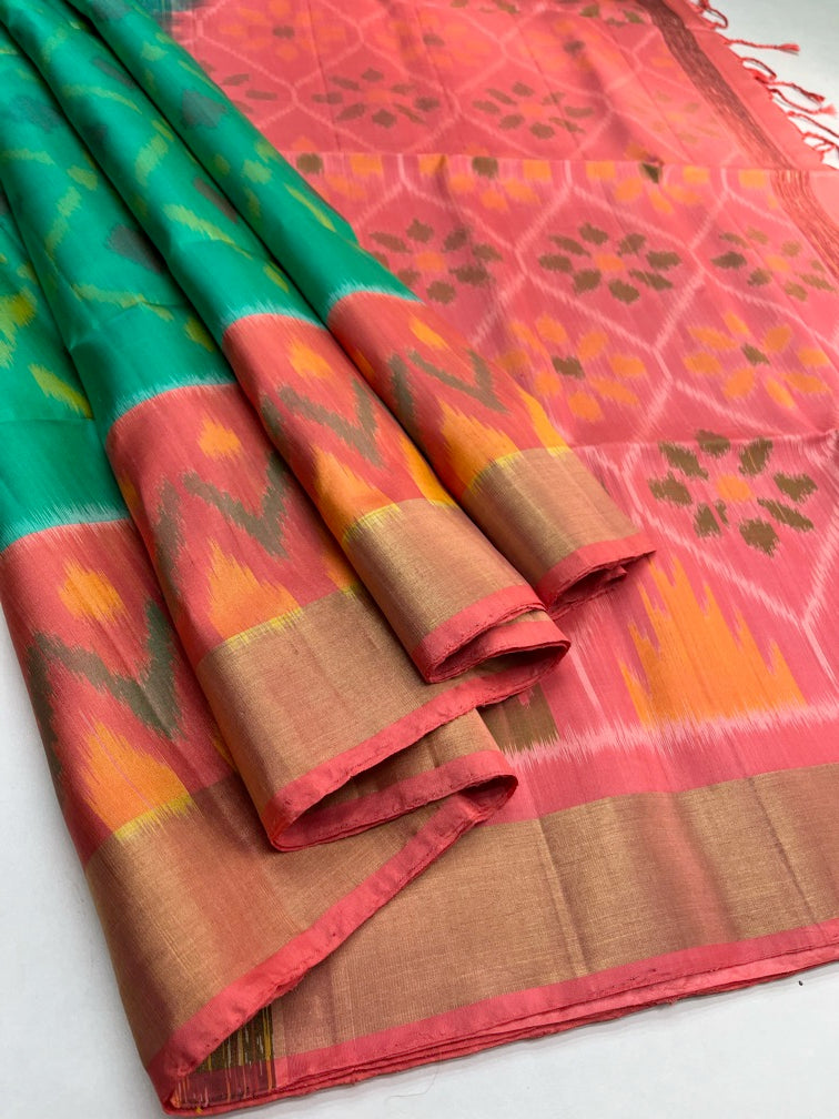 Teal & Peach - Pochampally Soft Silk Saree