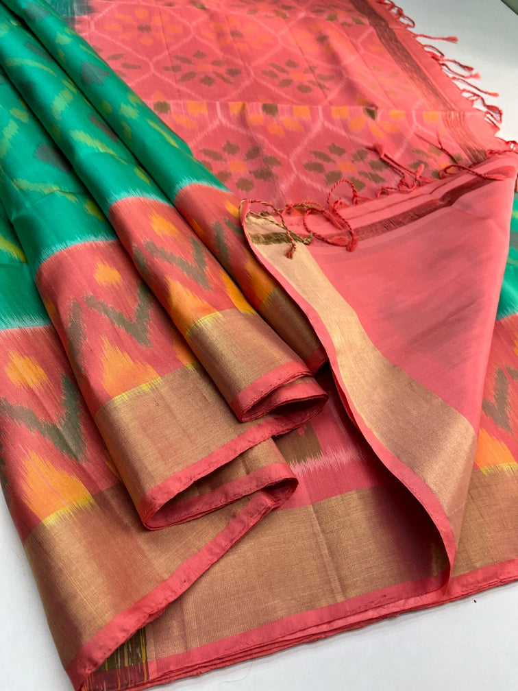 Teal & Peach - Pochampally Soft Silk Saree