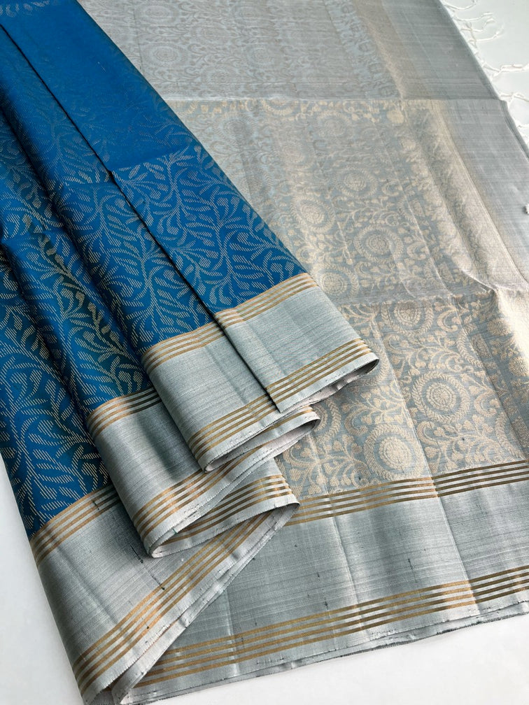 Teal Blue & Silver - Soft Silk Saree