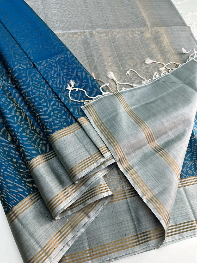 Teal Blue & Silver - Soft Silk Saree