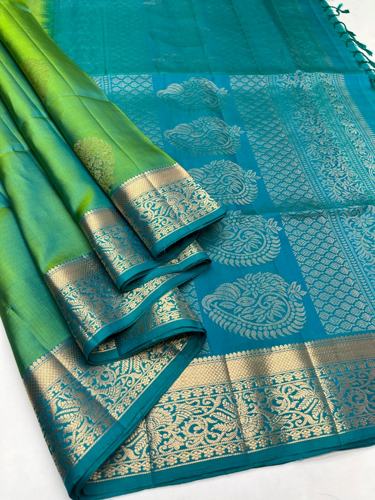 Greenish Blue & Teal Blue - Soft Silk Saree