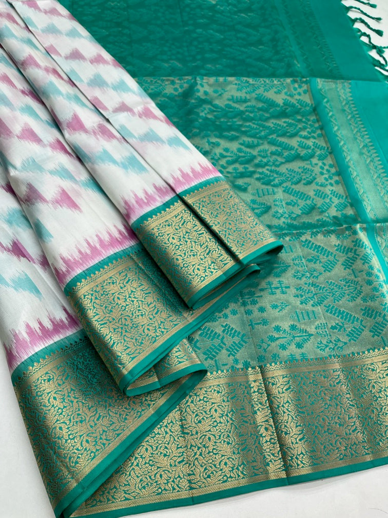 White & Aquablue Soft Silk sari