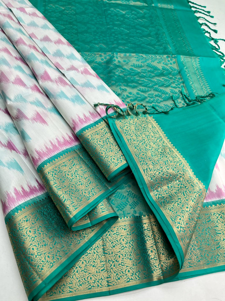 White & Aquablue Soft Silk sari