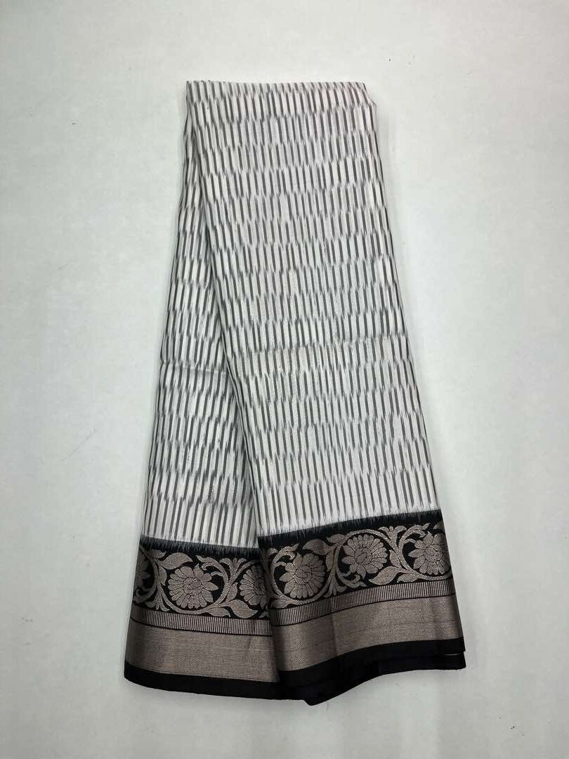 Beautiful Handloom Soft Silk Pochampally saree in White with Black