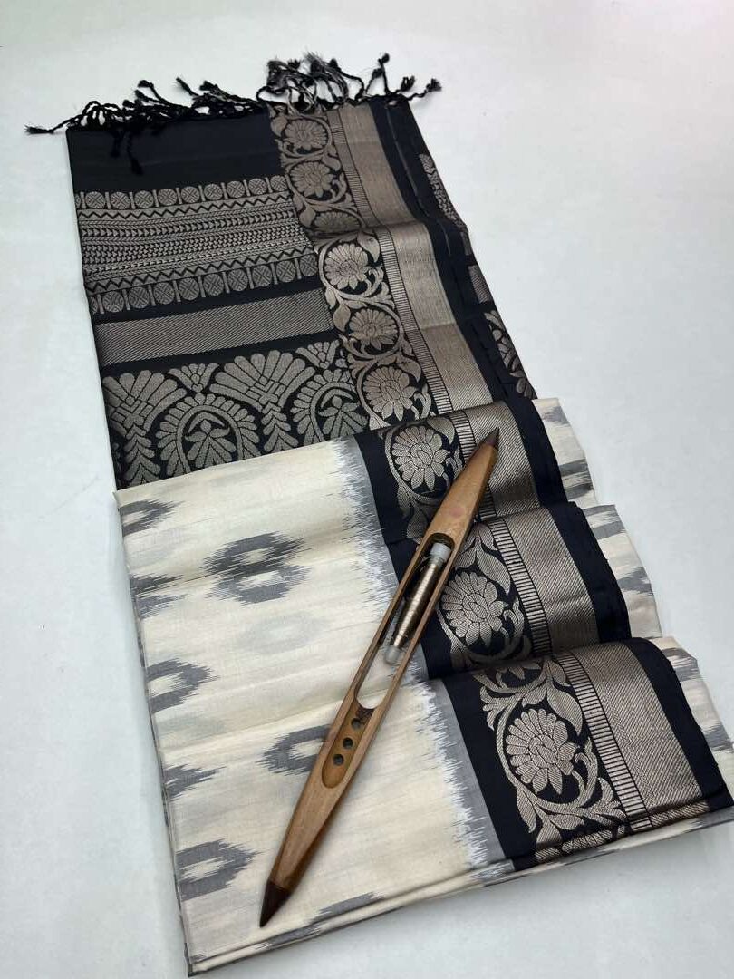 Beautiful Handloom Soft Silk Pochampally saree in White with Black