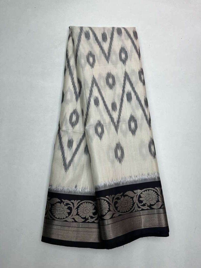 Beautiful Handloom Soft Silk Pochampally saree in White with Black