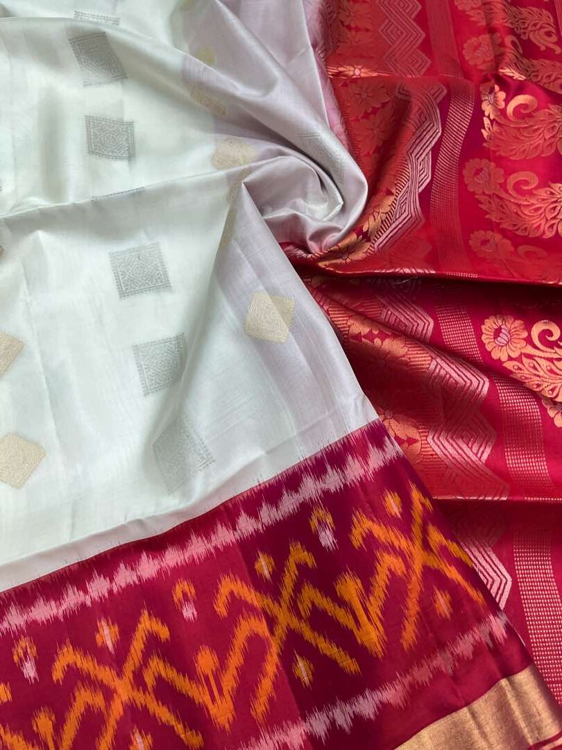 Beautiful Handloom Soft Silk Bhutta saree in White with Reddish Pink