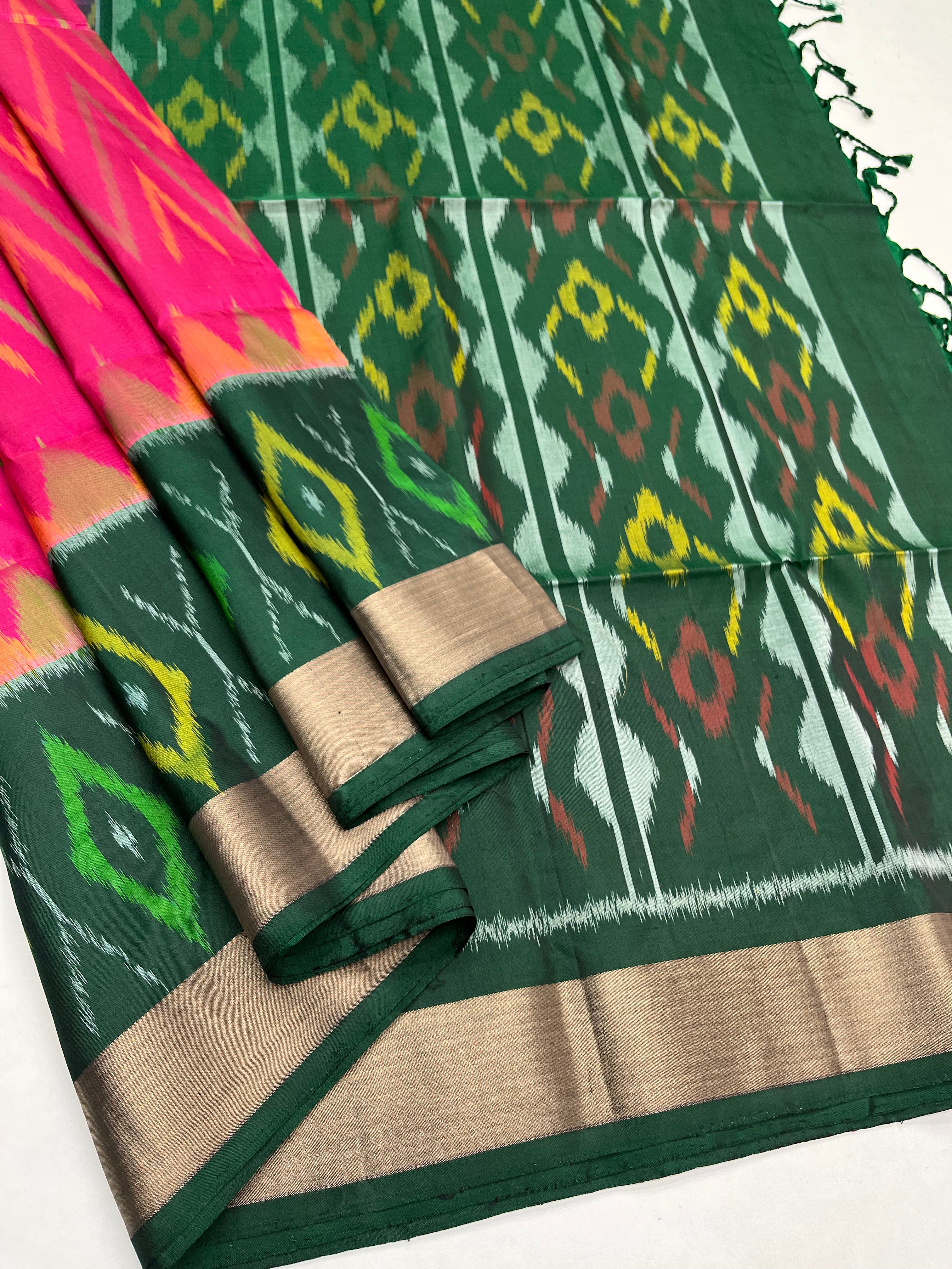 Pink & Green - Soft Silk Pochampally Saree