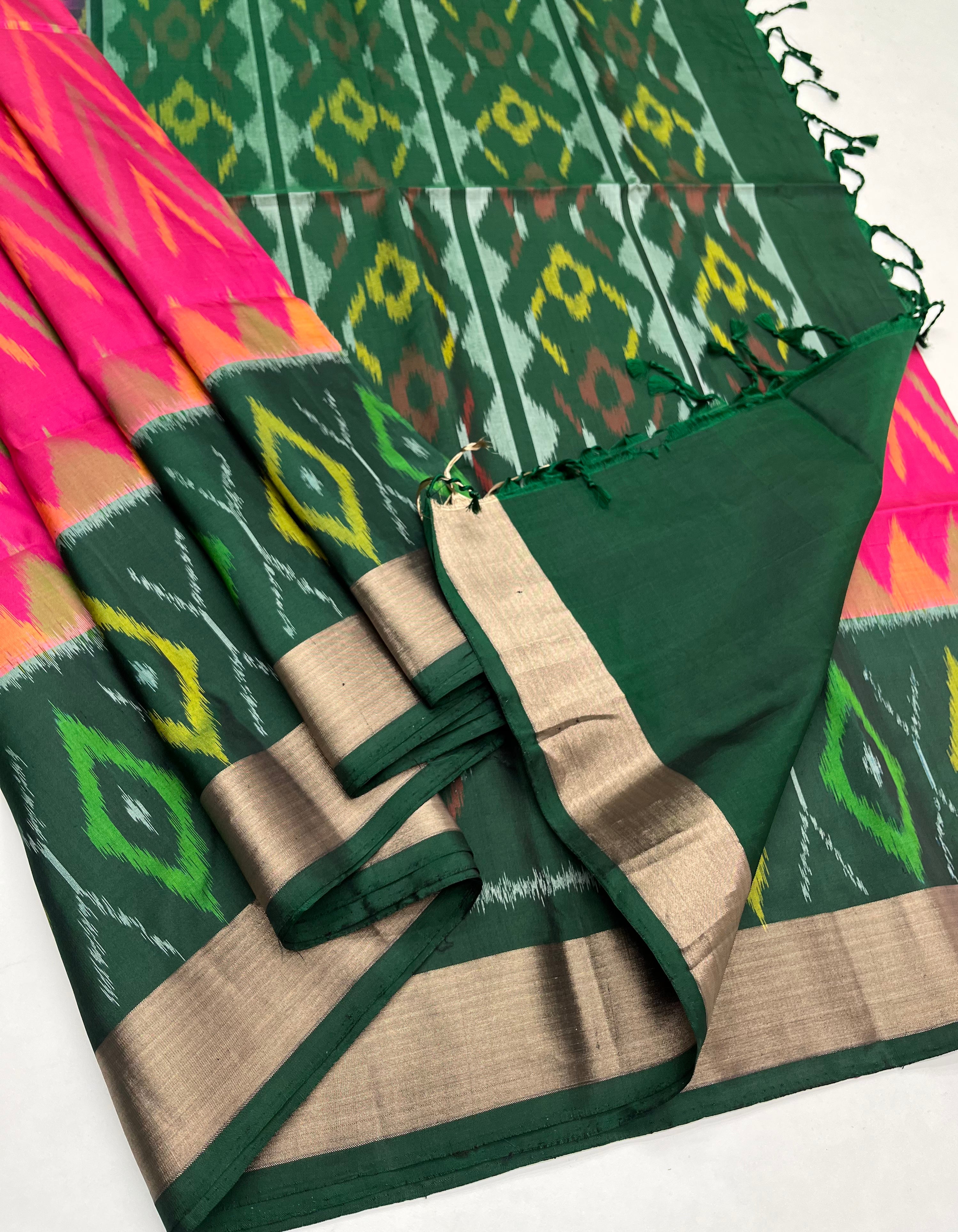 Pink & Green - Soft Silk Pochampally Saree