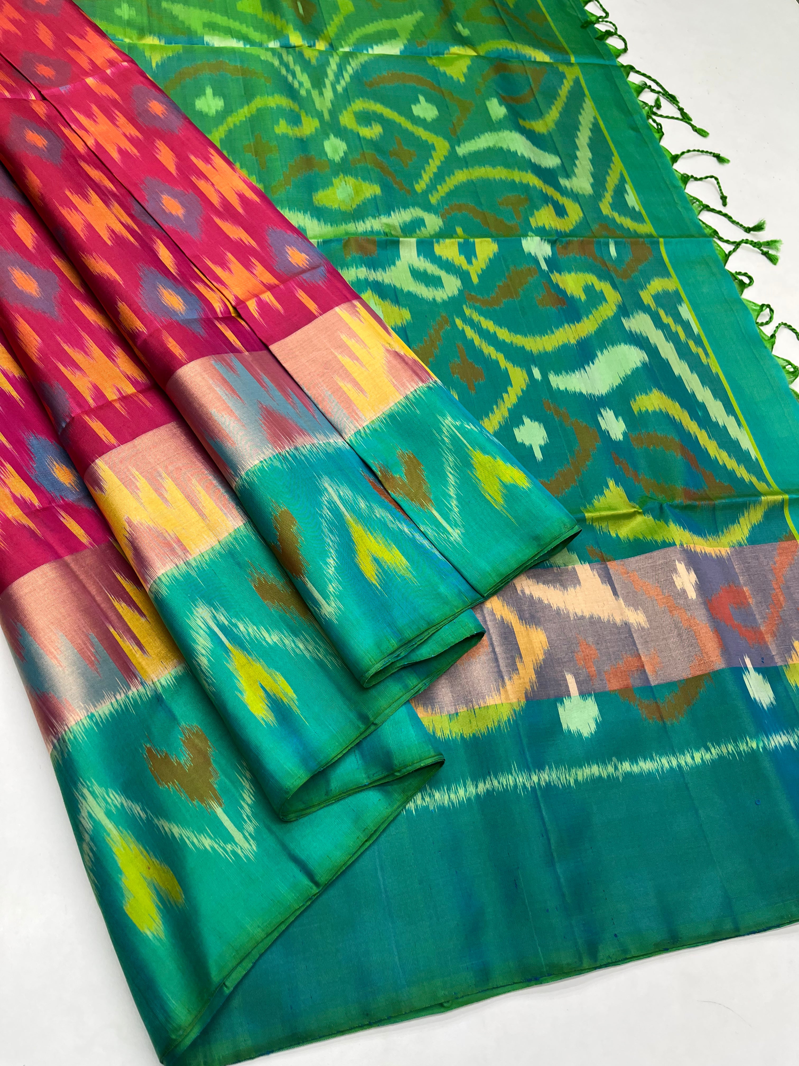 Reddish Pink & Green - Soft Silk Pochampally Saree