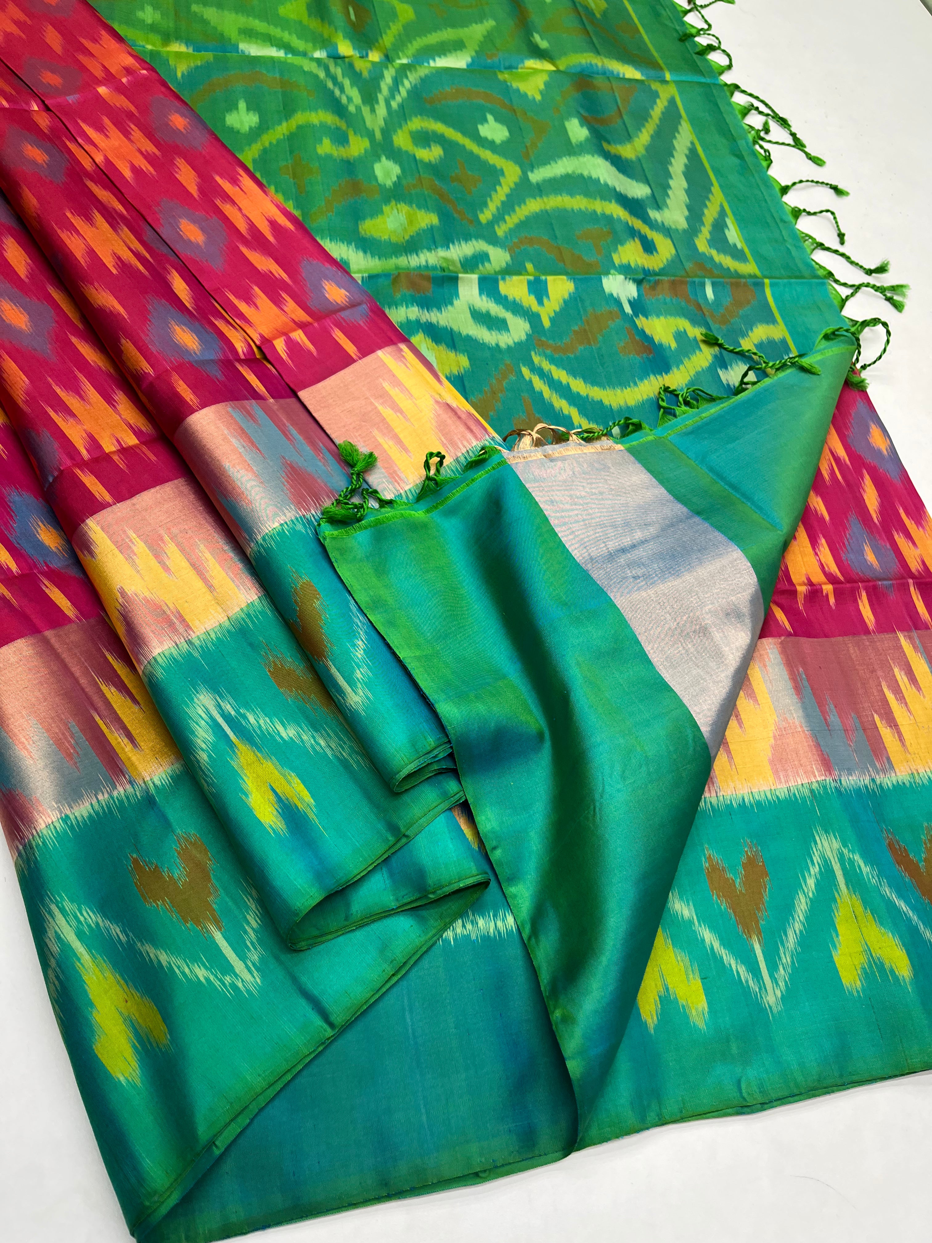 Reddish Pink & Green - Soft Silk Pochampally Saree