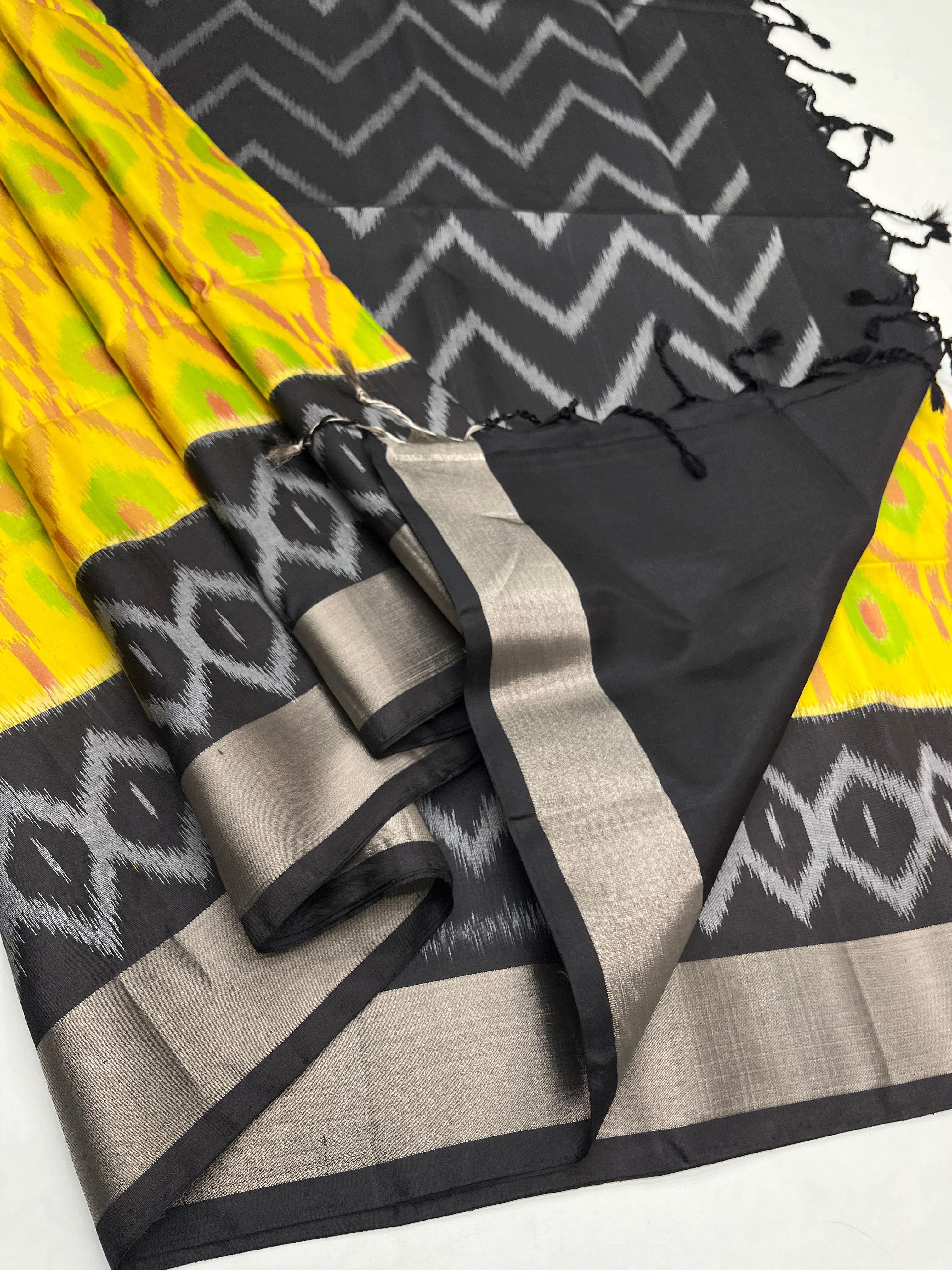 Yellow & Black - Soft Silk Pochampally Saree