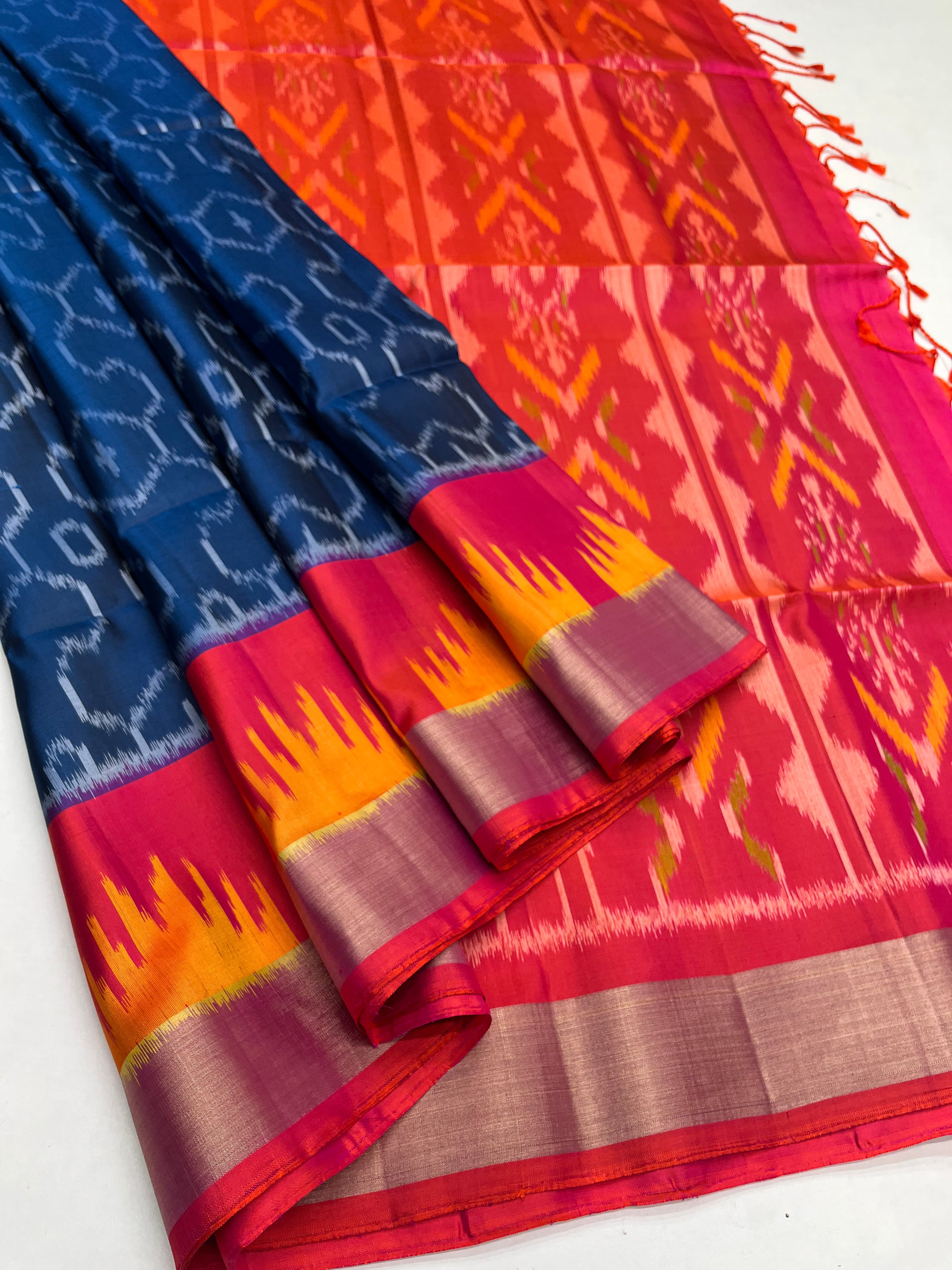 Royal Blue & Orangish Pink - Soft Silk Pochampally Saree