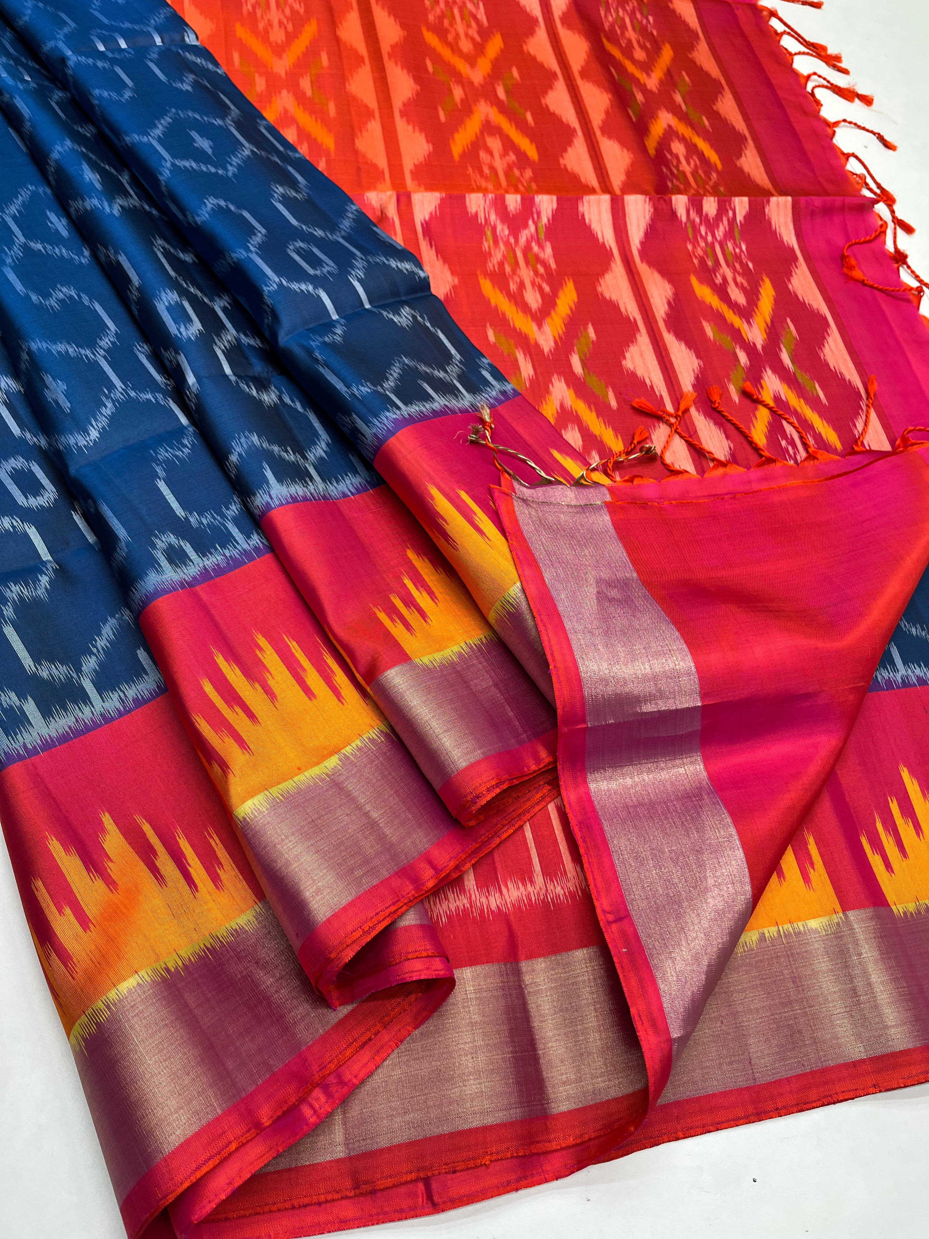 Royal Blue & Orangish Pink - Soft Silk Pochampally Saree