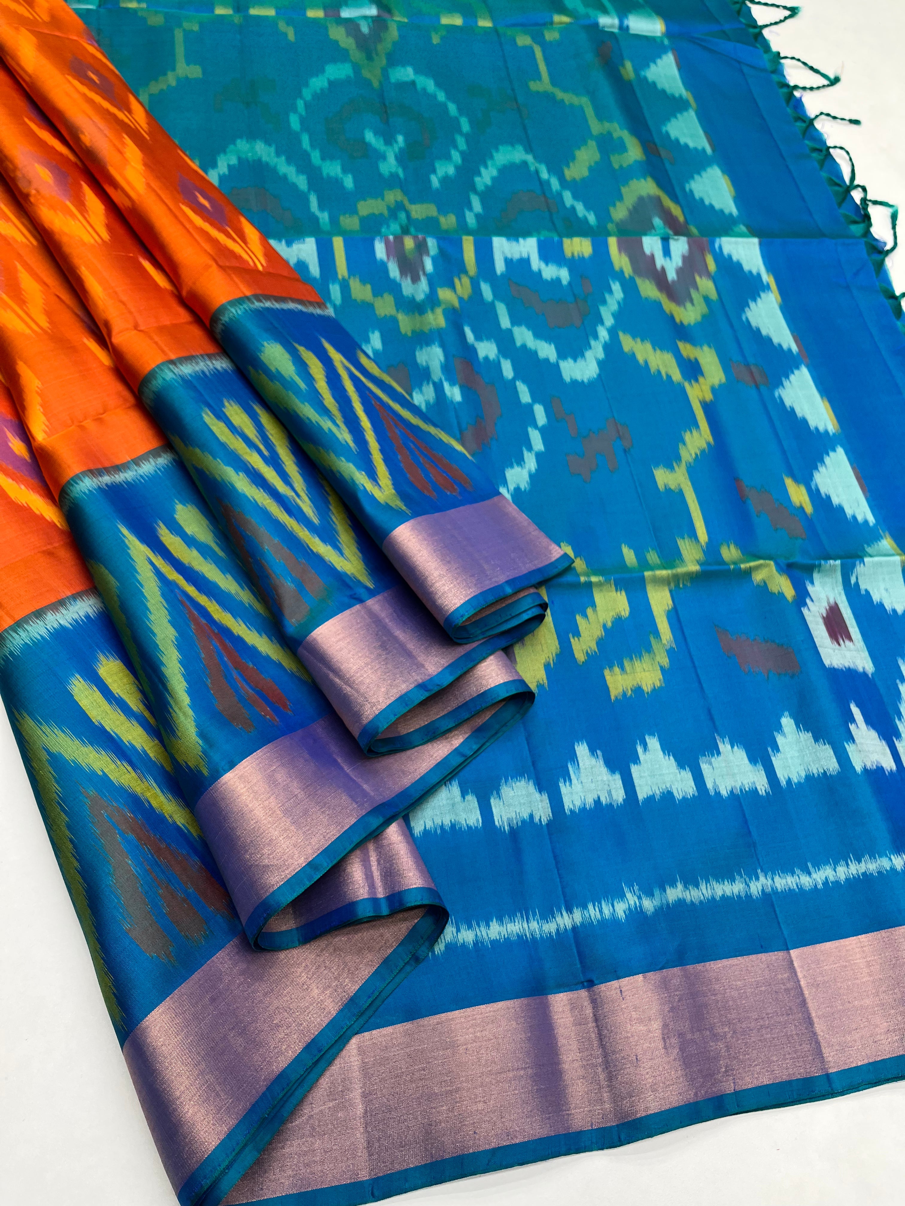 Orange & Blue - Soft Silk Pochampally Saree