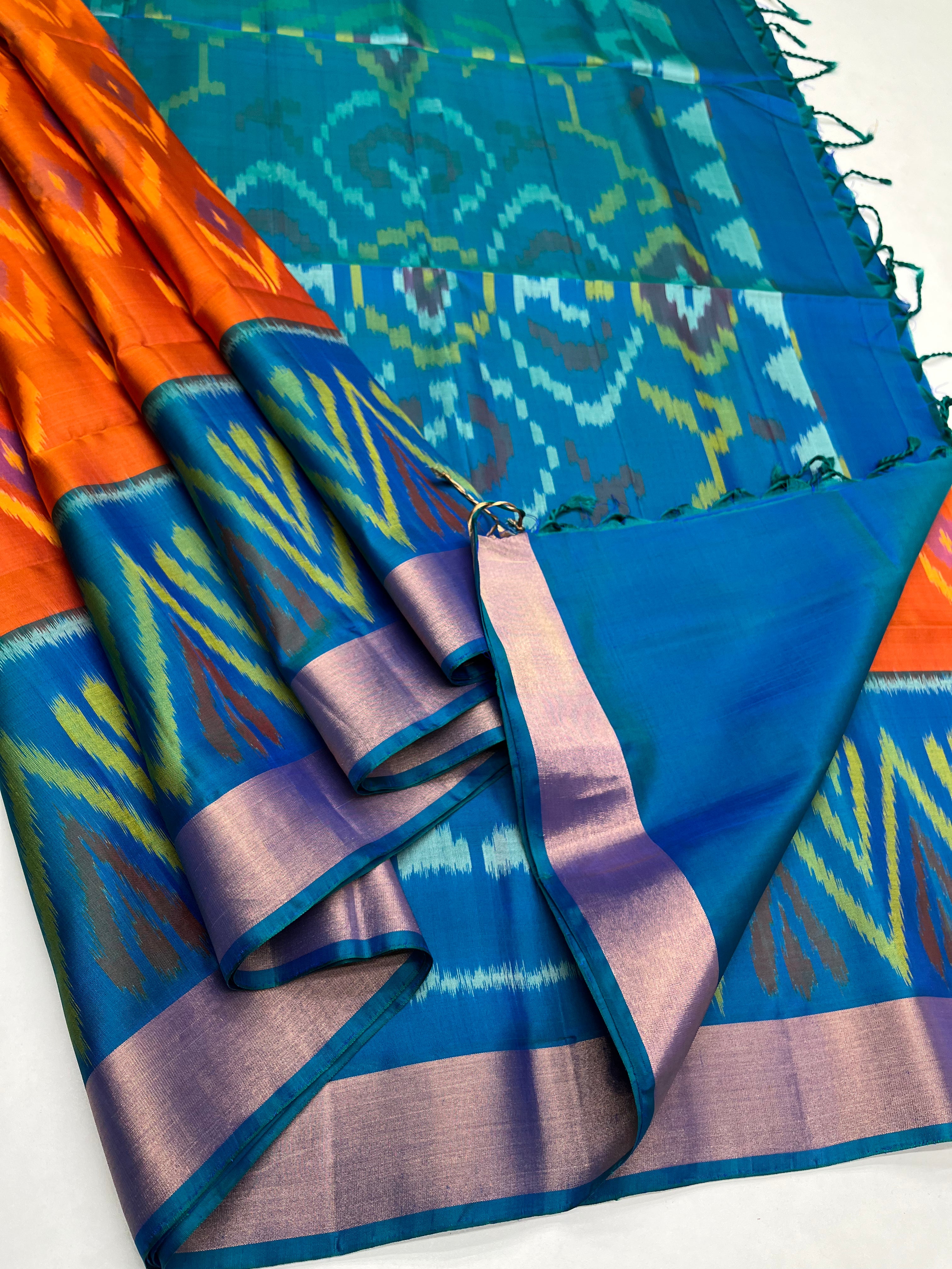 Orange & Blue - Soft Silk Pochampally Saree