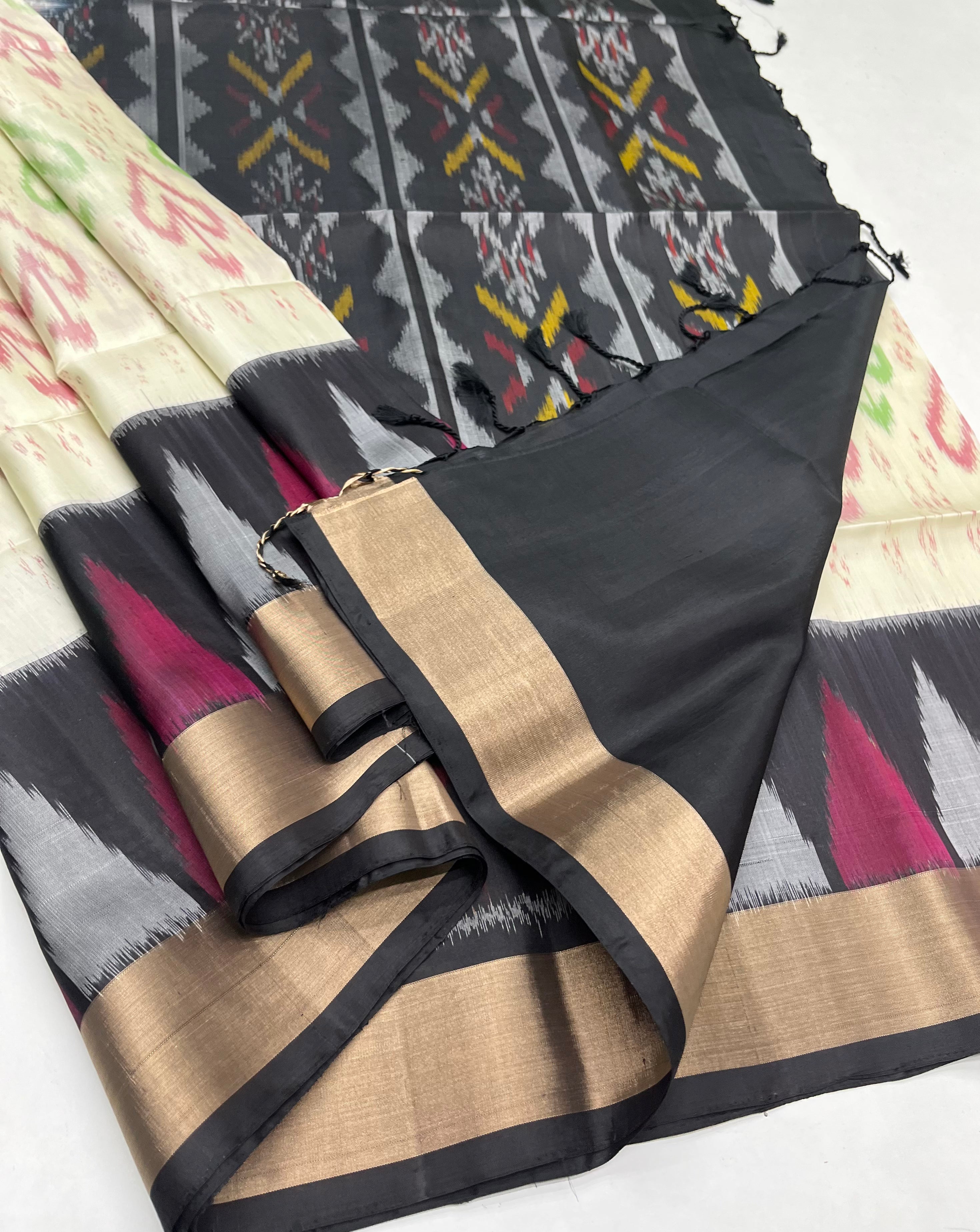 Half White & Black - Soft Silk Pochampally Saree