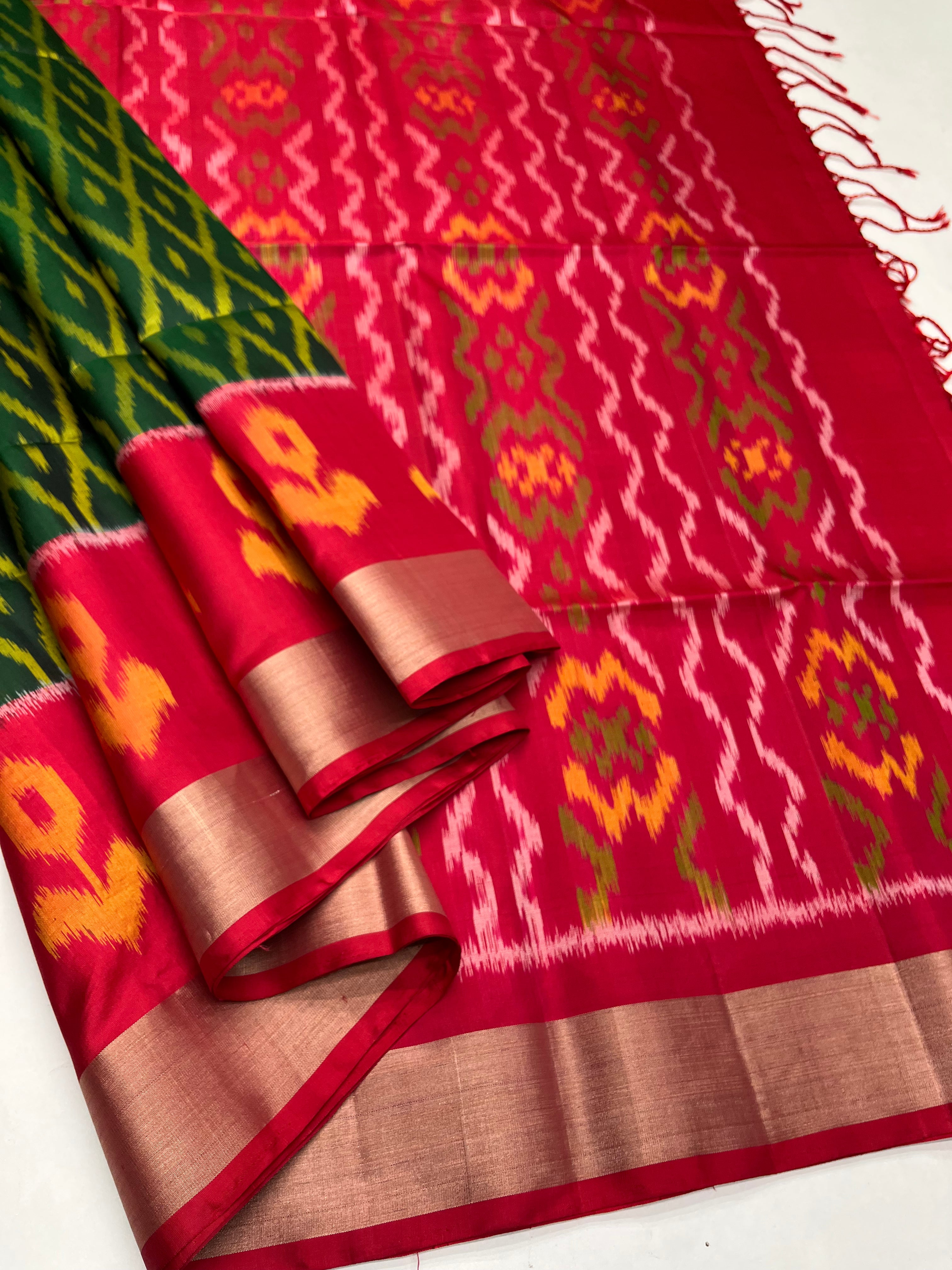 Dark Green & Red - Soft Silk Pochampally Saree