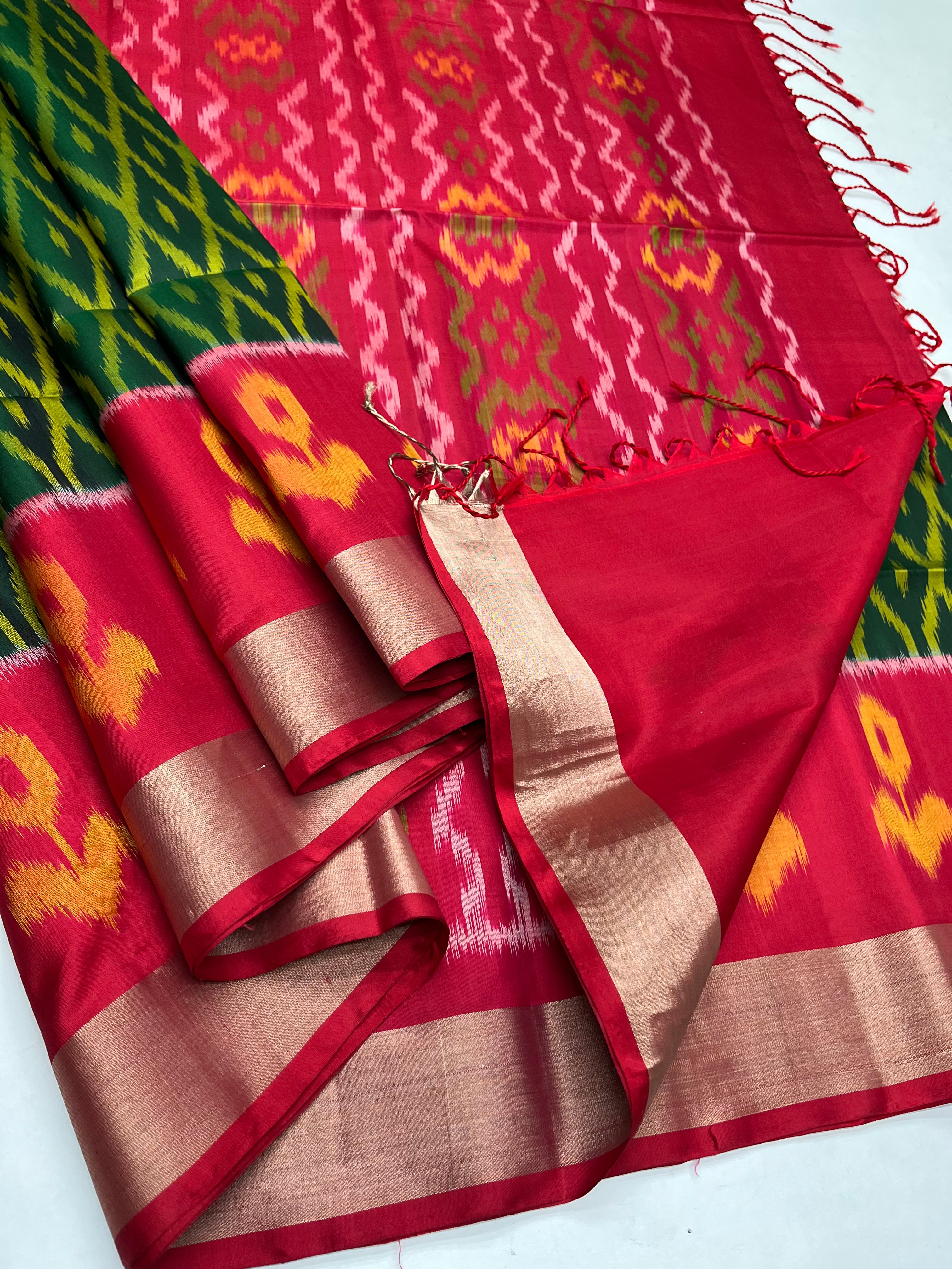 Dark Green & Red - Soft Silk Pochampally Saree