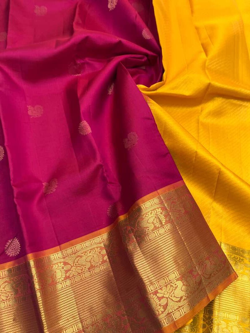 Beautiful  Handloom Soft Silk Bhutta saree in Rani Pink with Yellow