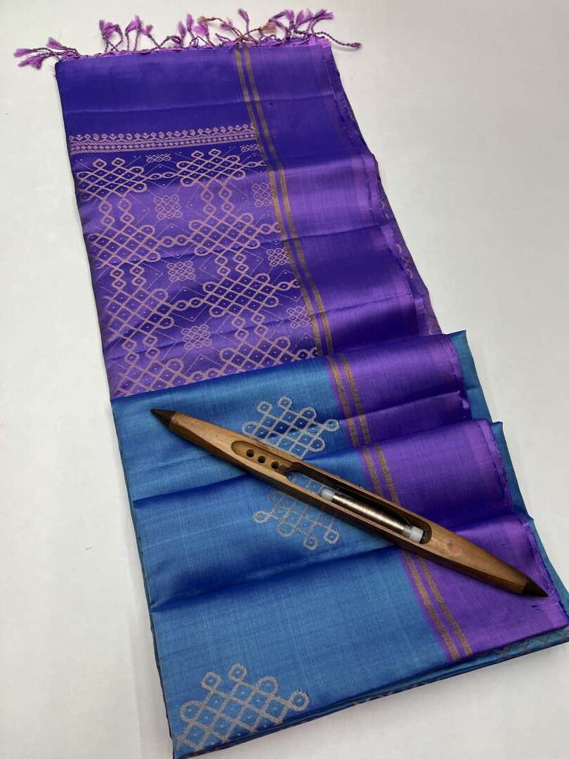 Beautiful Handloom Soft Silk Kolam saree in Blue with Lavender