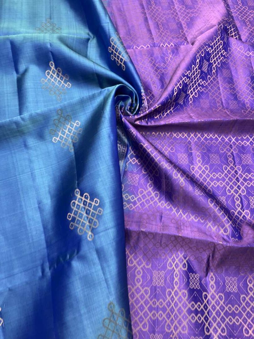 Beautiful Handloom Soft Silk Kolam saree in Blue with Lavender