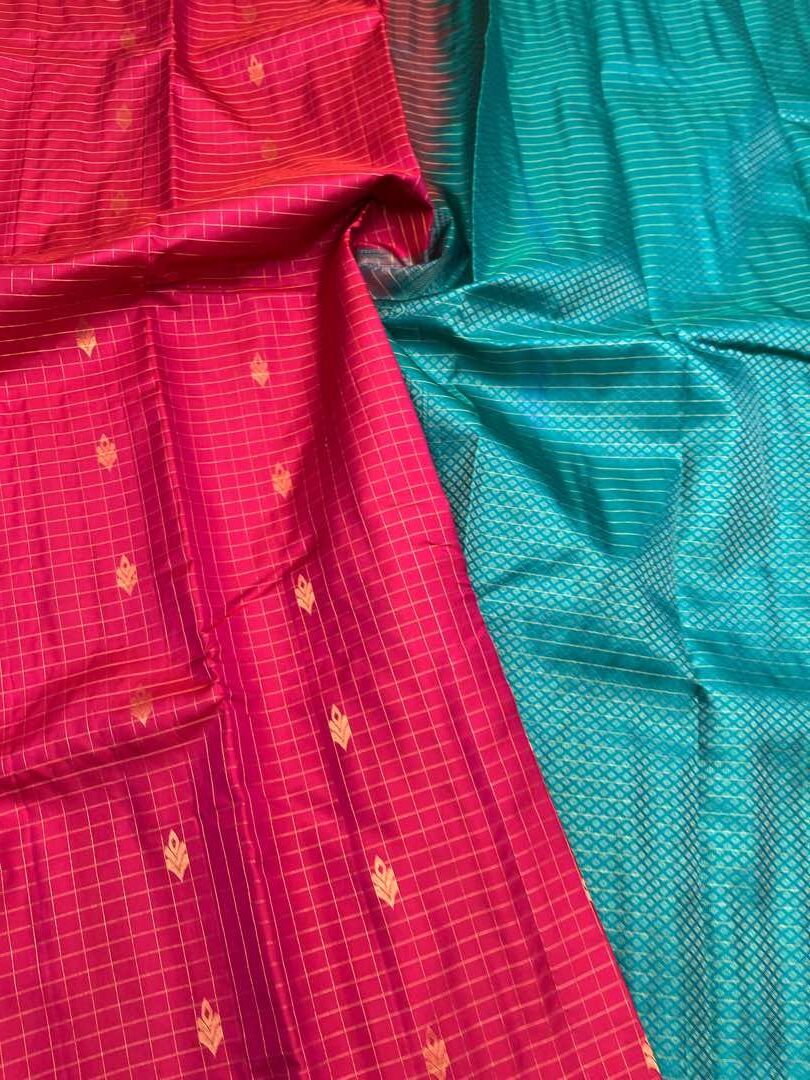 Beautiful Handloom Soft Silk Checked Design saree in Pink with Sea Green