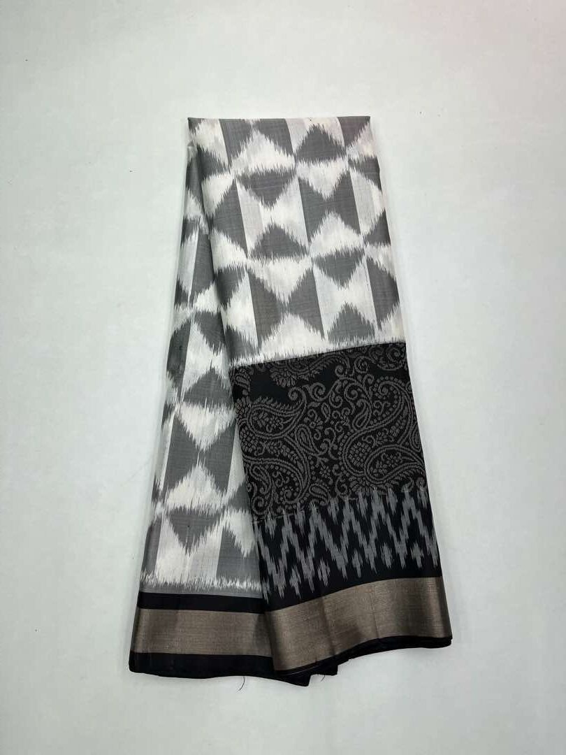 Beautiful Handloom Soft Silk Pochampally saree in White with Black